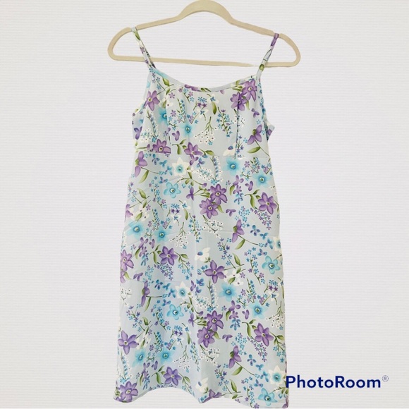 Early 2000s Vintage Light Blue Ditsy Floral Print Purple Tie Back Summer Dress - Picture 3 of 4